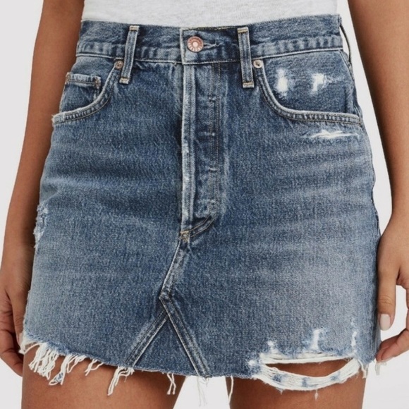 NWOT Agolde Quinn High Rise Denim Mini Skirt with Distressed Hem - Picture 2 of 6